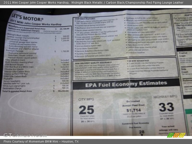 Midnight Black Metallic / Carbon Black/Championship Red Piping Lounge Leather 2011 Mini Cooper John Cooper Works Hardtop