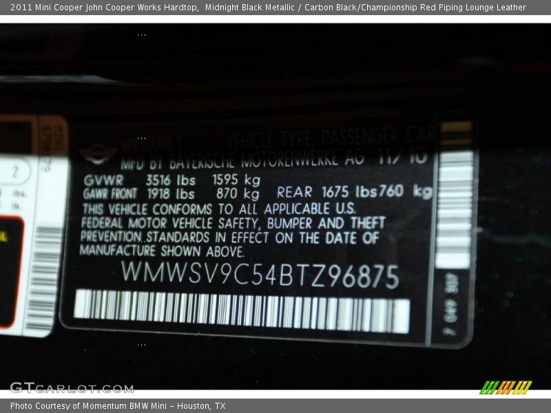 Midnight Black Metallic / Carbon Black/Championship Red Piping Lounge Leather 2011 Mini Cooper John Cooper Works Hardtop