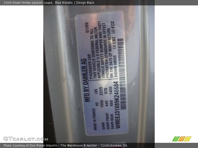 Info Tag of 2009 fortwo passion coupe