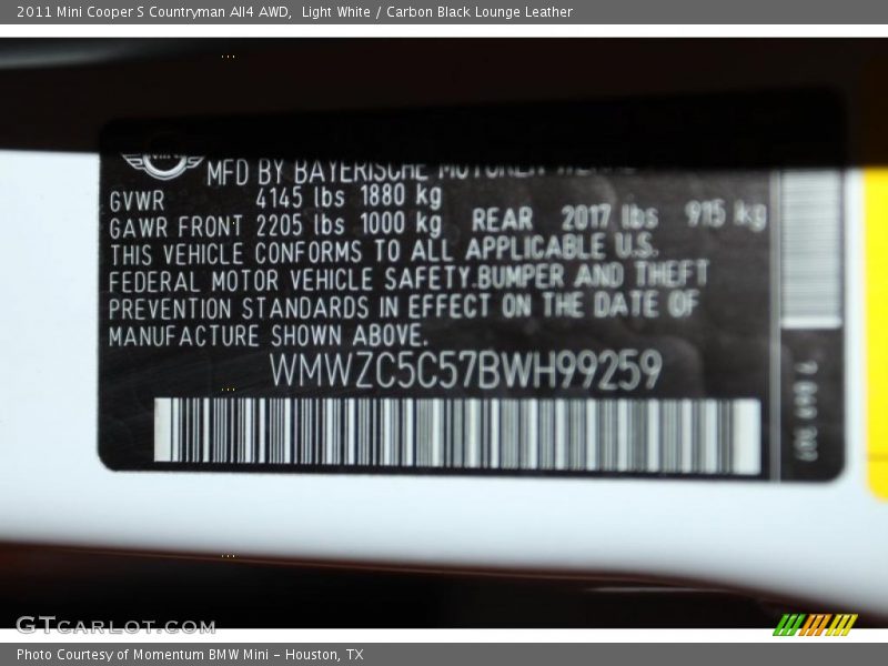Light White / Carbon Black Lounge Leather 2011 Mini Cooper S Countryman All4 AWD