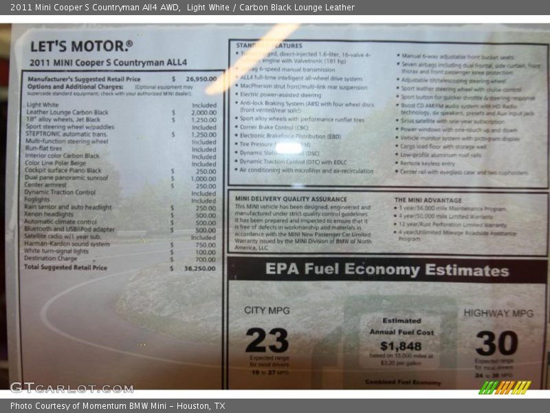  2011 Cooper S Countryman All4 AWD Window Sticker