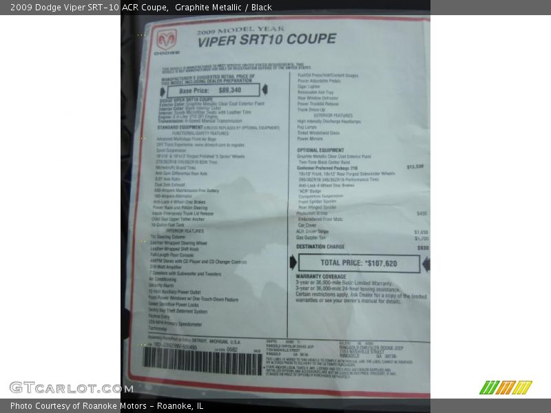  2009 Viper SRT-10 ACR Coupe Window Sticker