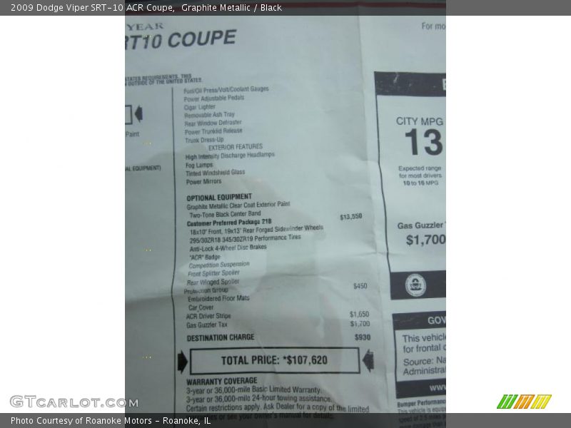  2009 Viper SRT-10 ACR Coupe Window Sticker