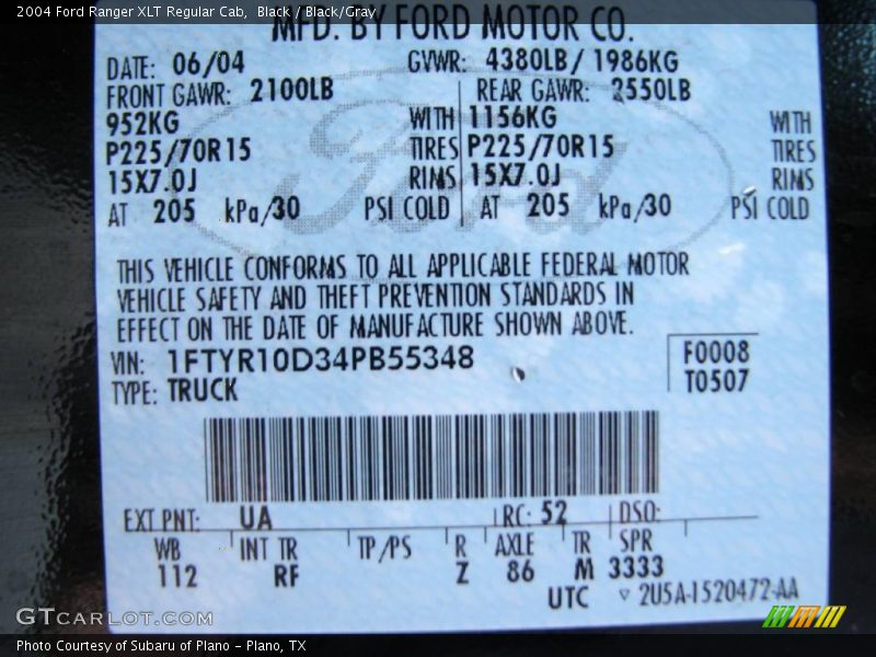 Black / Black/Gray 2004 Ford Ranger XLT Regular Cab