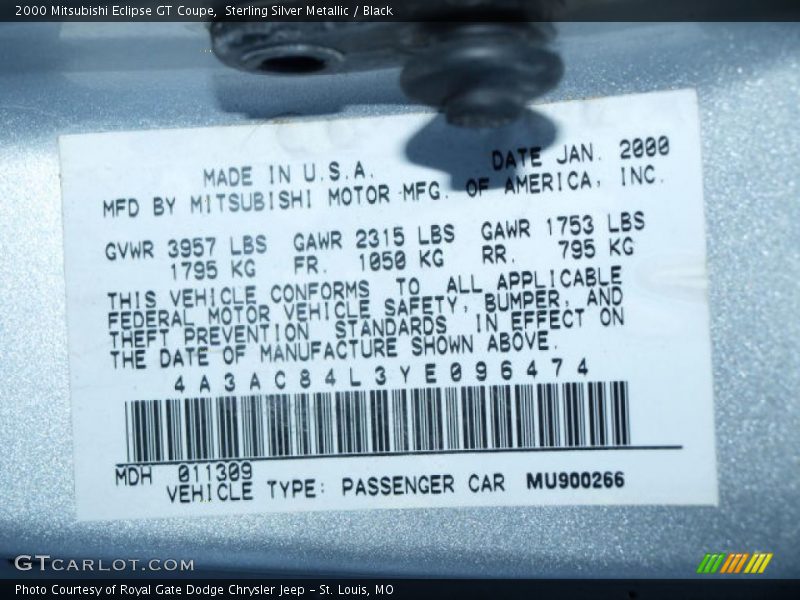 Sterling Silver Metallic / Black 2000 Mitsubishi Eclipse GT Coupe