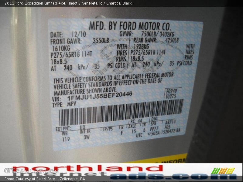 Ingot Silver Metallic / Charcoal Black 2011 Ford Expedition Limited 4x4