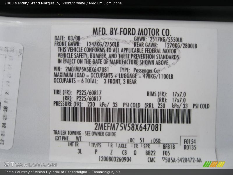 Vibrant White / Medium Light Stone 2008 Mercury Grand Marquis LS