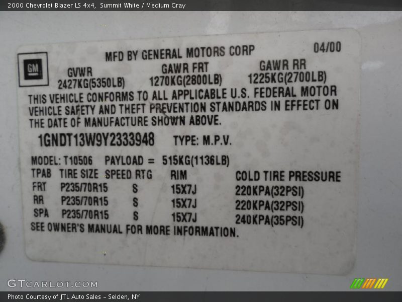 Summit White / Medium Gray 2000 Chevrolet Blazer LS 4x4