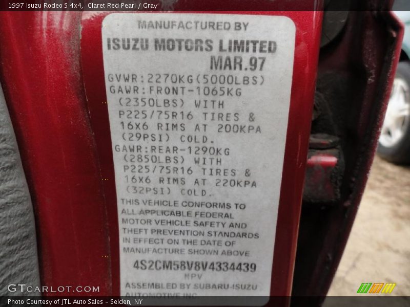 Info Tag of 1997 Rodeo S 4x4