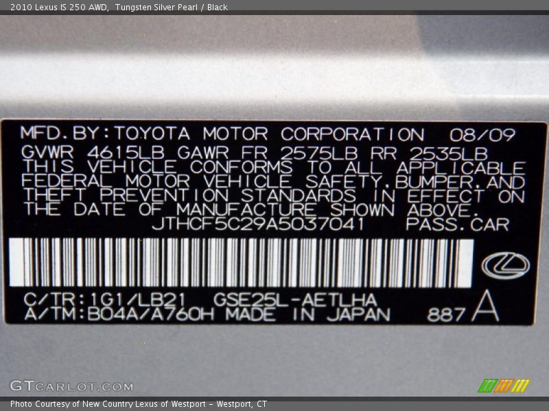 2010 IS 250 AWD Tungsten Silver Pearl Color Code 1G1