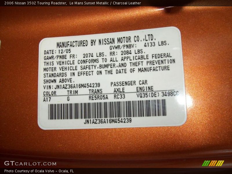 2006 350Z Touring Roadster Le Mans Sunset Metallic Color Code A17