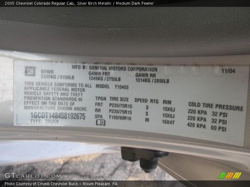 Info Tag of 2005 Colorado Regular Cab