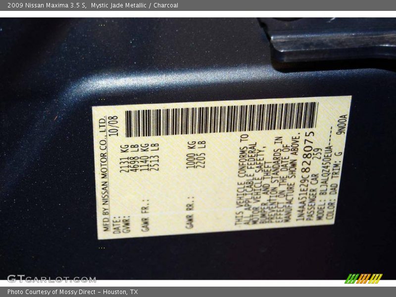 Mystic Jade Metallic / Charcoal 2009 Nissan Maxima 3.5 S