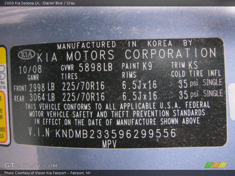 Glacier Blue / Gray 2009 Kia Sedona LX