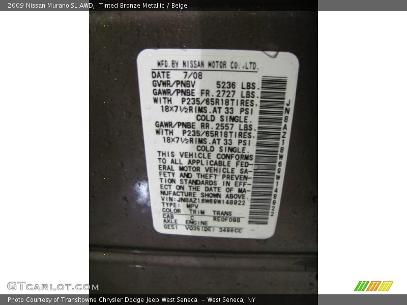 Tinted Bronze Metallic / Beige 2009 Nissan Murano SL AWD