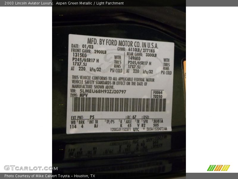 2003 Aviator Luxury Aspen Green Metallic Color Code P5