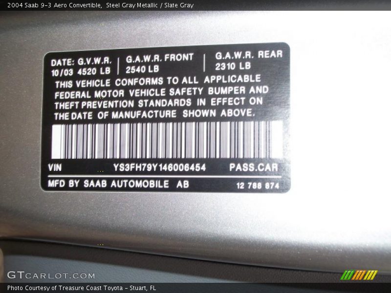 Info Tag of 2004 9-3 Aero Convertible