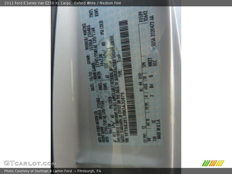 2011 E Series Van E250 XL Cargo Oxford White Color Code YZ