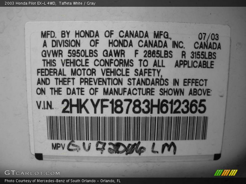 Taffeta White / Gray 2003 Honda Pilot EX-L 4WD