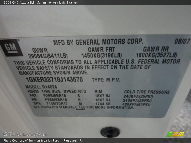Summit White / Light Titanium 2008 GMC Acadia SLT