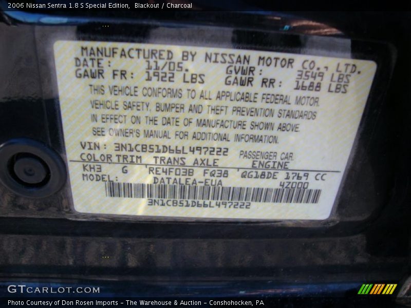 Blackout / Charcoal 2006 Nissan Sentra 1.8 S Special Edition