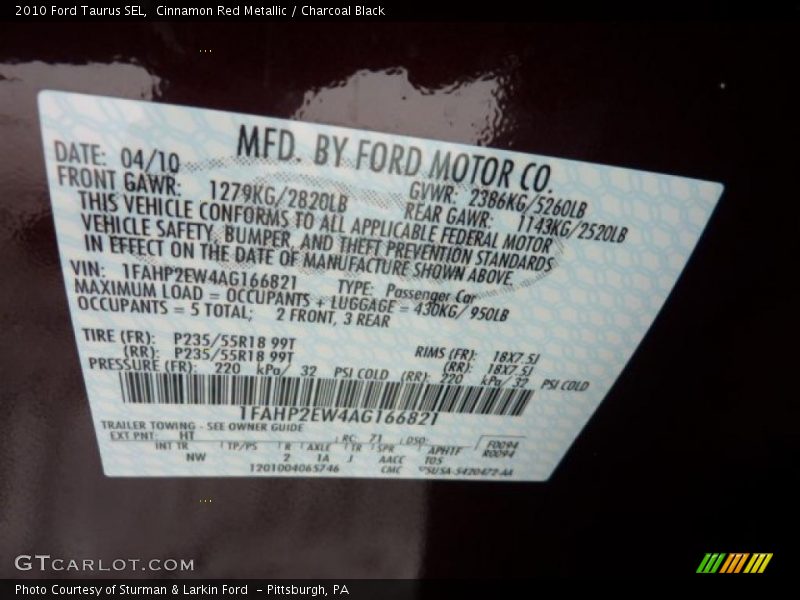 Cinnamon Red Metallic / Charcoal Black 2010 Ford Taurus SEL