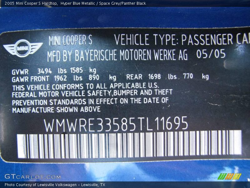 Hyper Blue Metallic / Space Grey/Panther Black 2005 Mini Cooper S Hardtop