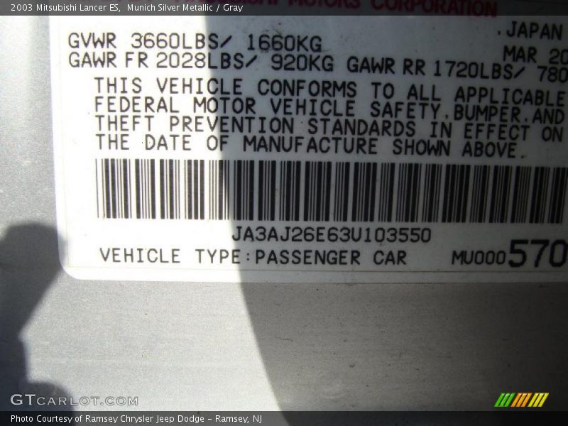 Munich Silver Metallic / Gray 2003 Mitsubishi Lancer ES
