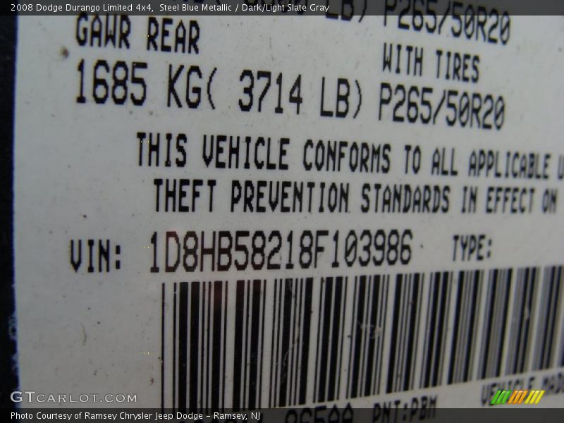 Steel Blue Metallic / Dark/Light Slate Gray 2008 Dodge Durango Limited 4x4