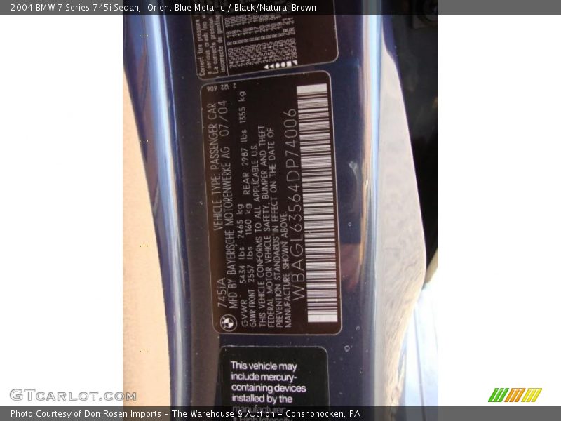 Info Tag of 2004 7 Series 745i Sedan