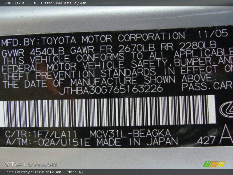 Classic Silver Metallic / Ash 2006 Lexus ES 330