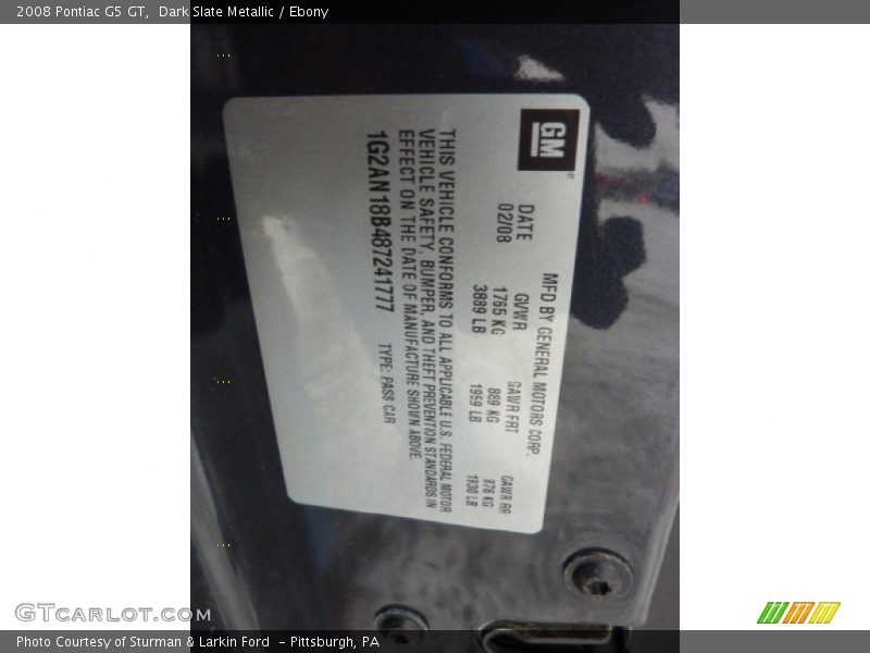 Info Tag of 2008 G5 GT