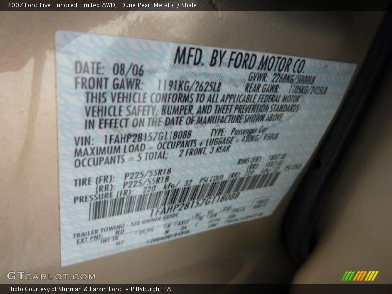 2007 Five Hundred Limited AWD Dune Pearl Metallic Color Code ND