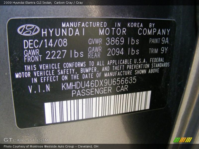 Carbon Gray / Gray 2009 Hyundai Elantra GLS Sedan