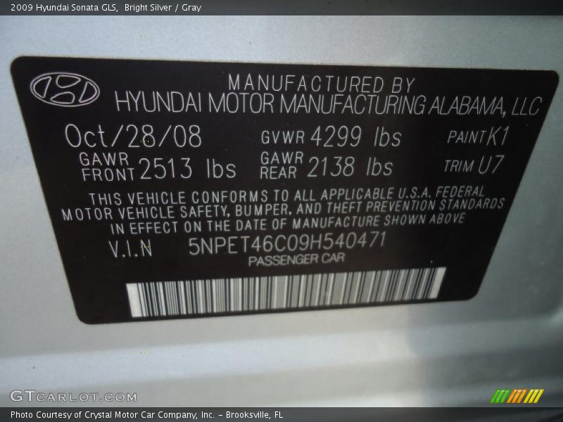 Bright Silver / Gray 2009 Hyundai Sonata GLS