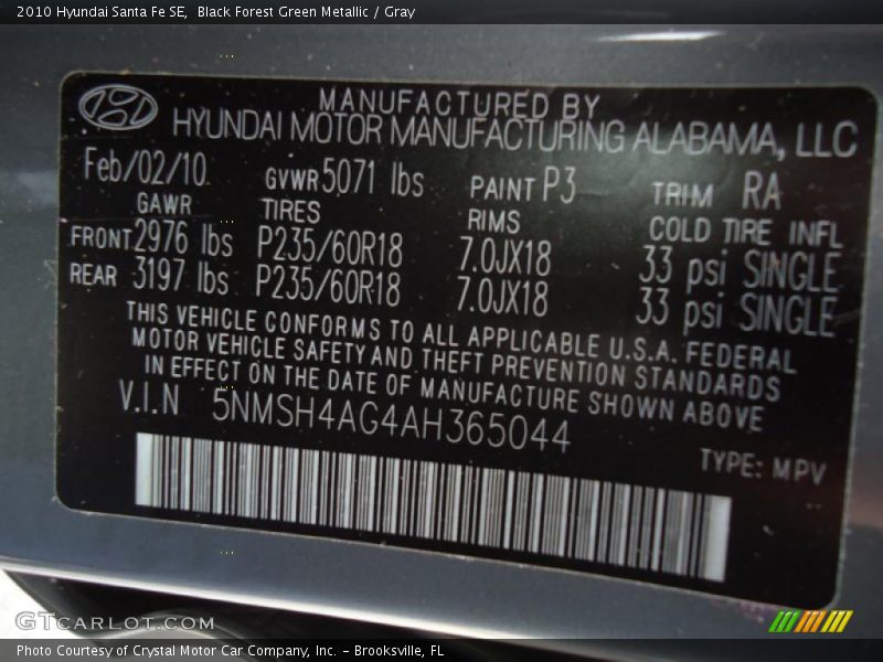 2010 Santa Fe SE Black Forest Green Metallic Color Code P3