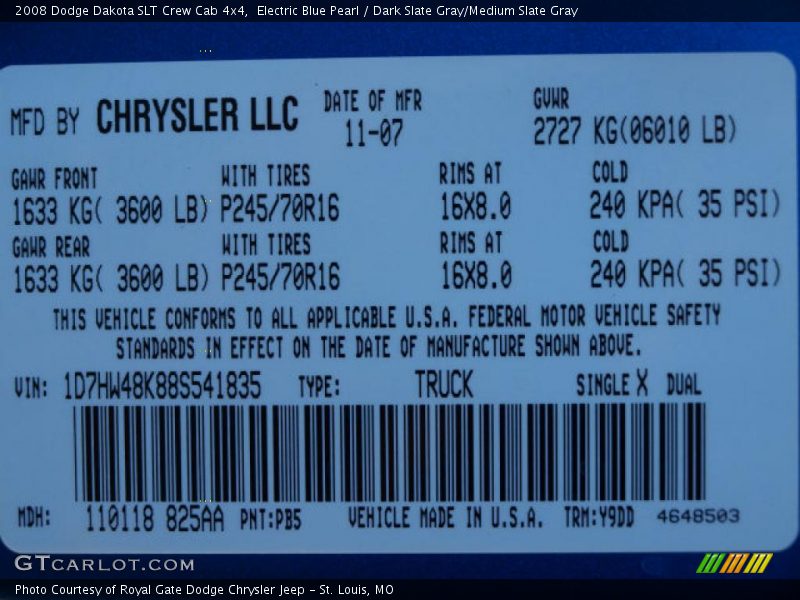 2008 Dakota SLT Crew Cab 4x4 Electric Blue Pearl Color Code PB5