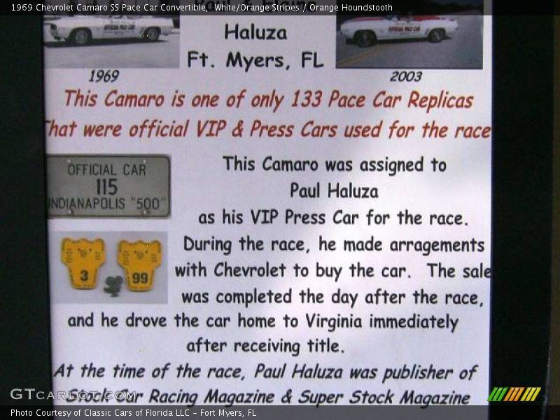 White/Orange Stripes / Orange Houndstooth 1969 Chevrolet Camaro SS Pace Car Convertible