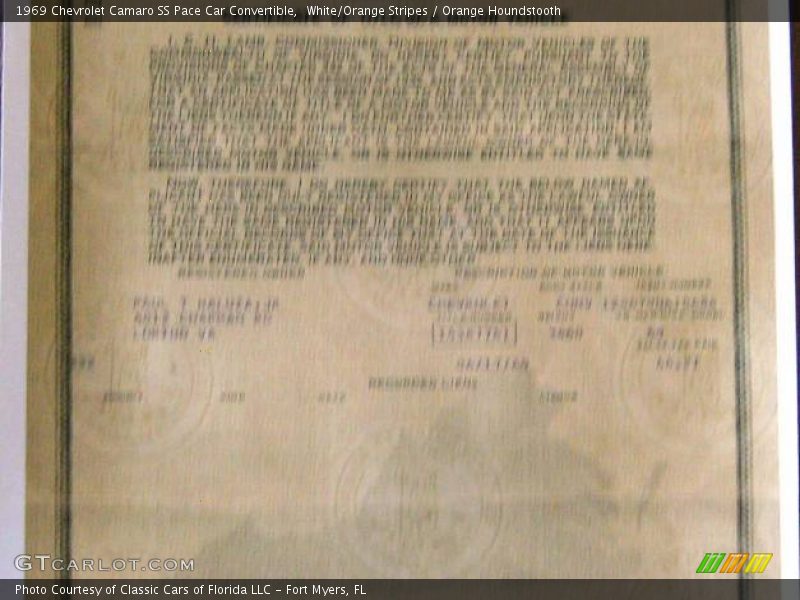 White/Orange Stripes / Orange Houndstooth 1969 Chevrolet Camaro SS Pace Car Convertible
