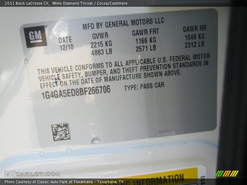 White Diamond Tricoat / Cocoa/Cashmere 2011 Buick LaCrosse CX