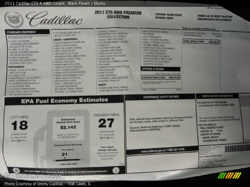  2011 CTS 4 AWD Coupe Window Sticker