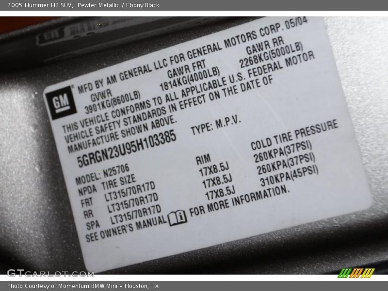 Pewter Metallic / Ebony Black 2005 Hummer H2 SUV