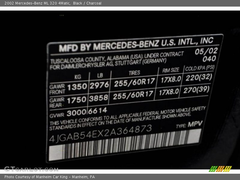 Black / Charcoal 2002 Mercedes-Benz ML 320 4Matic
