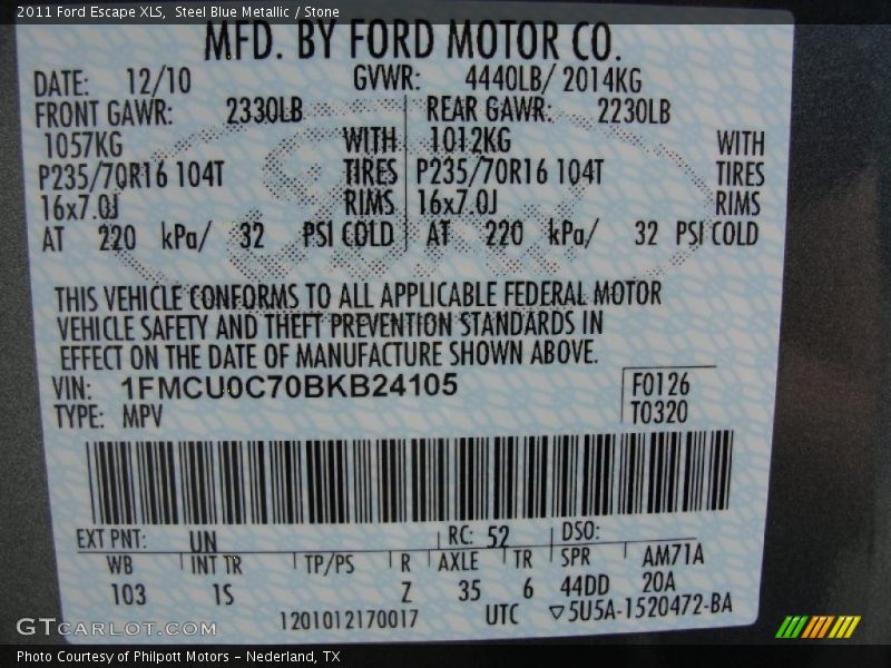 2011 Escape XLS Steel Blue Metallic Color Code UN
