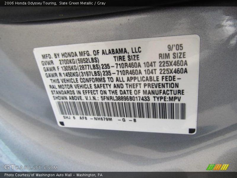Slate Green Metallic / Gray 2006 Honda Odyssey Touring