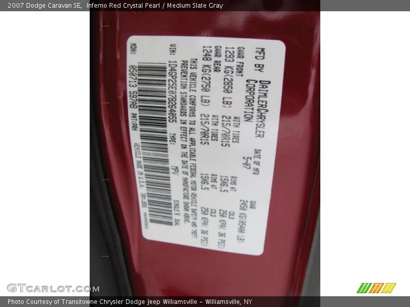 2007 Caravan SE Inferno Red Crystal Pearl Color Code PRH