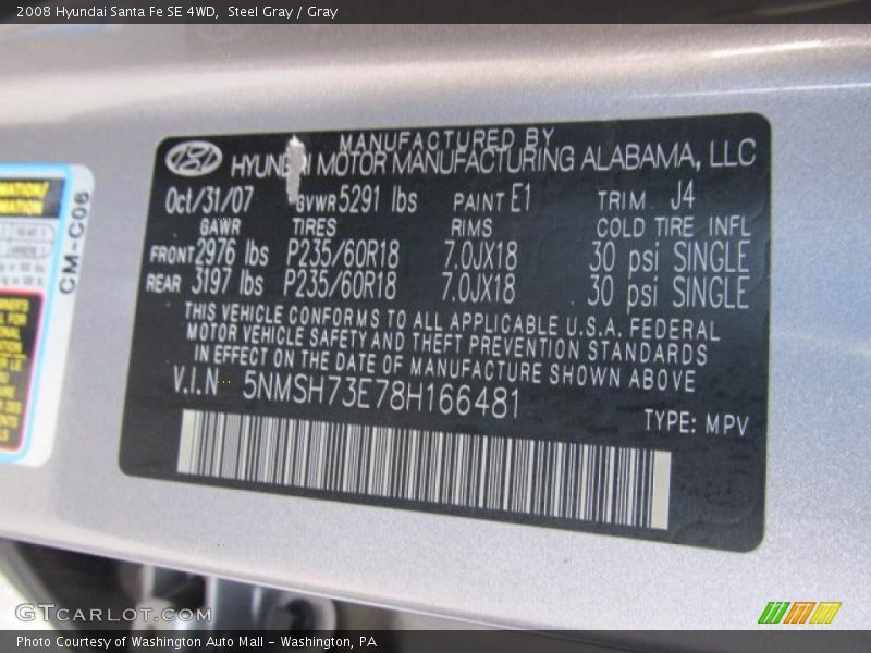 Steel Gray / Gray 2008 Hyundai Santa Fe SE 4WD