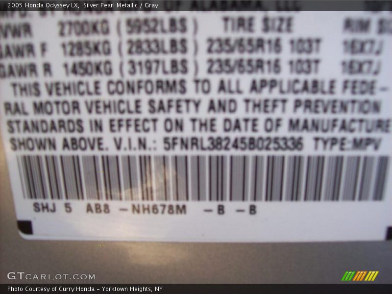 2005 Odyssey LX Silver Pearl Metallic Color Code NH678M