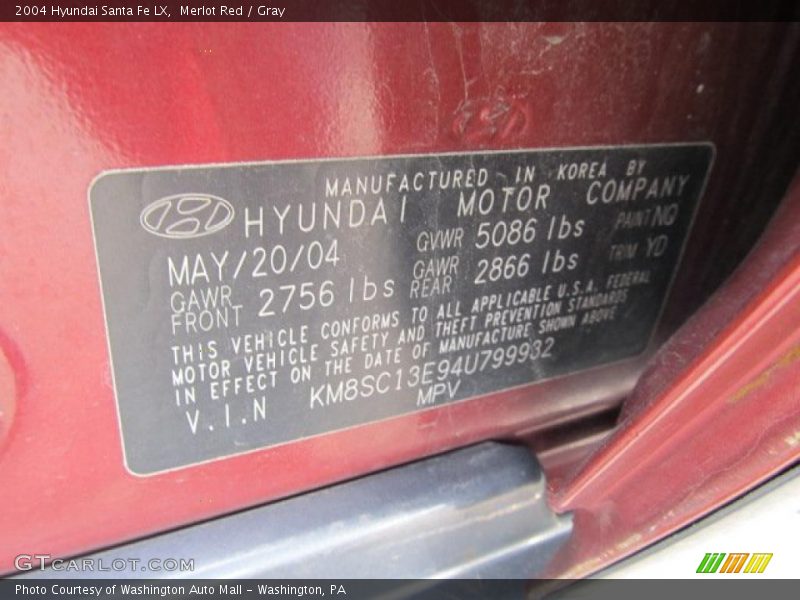 Merlot Red / Gray 2004 Hyundai Santa Fe LX
