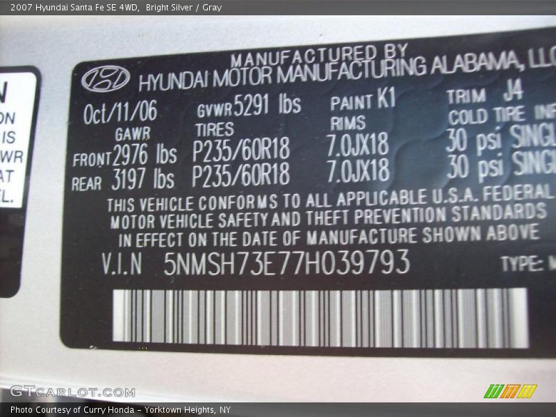 Bright Silver / Gray 2007 Hyundai Santa Fe SE 4WD